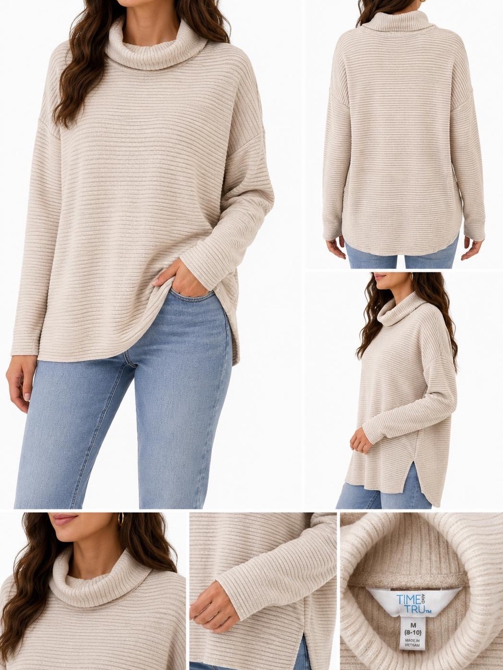 Time and Tru Cream Ribbed Cowl Neck Sweater